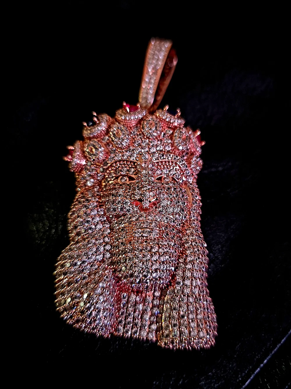 Rhinestone Jesus Piece Pendant - Pink and Gold Tone